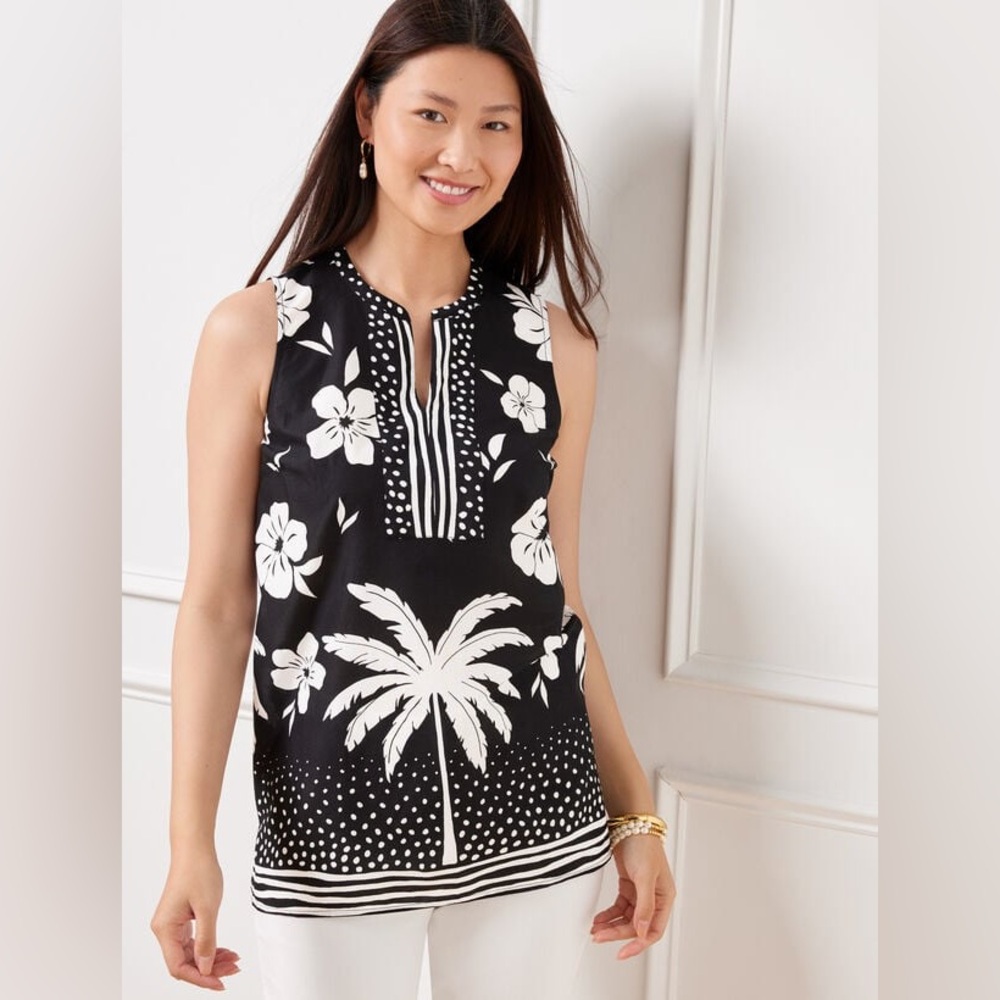 Talbots Black and White Sleeveless Tropical Print Top